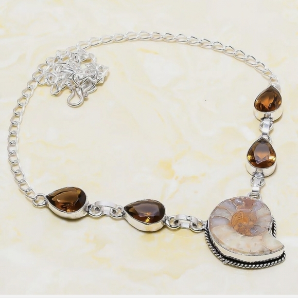 New Ammonite Fossil and Smoky Topaz 925 Silver Necklace. - Picture 3 of 16